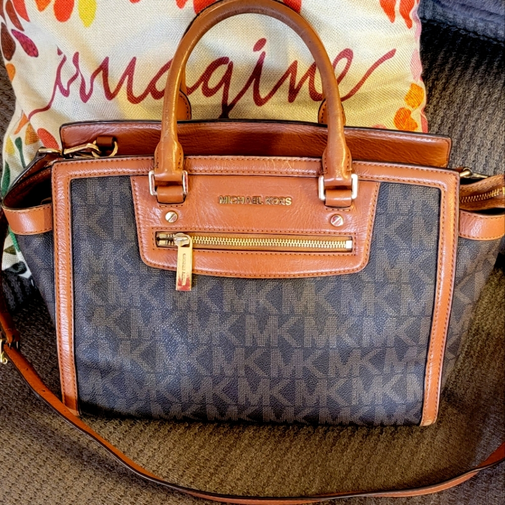 Michael Kors Jet Set Brown-MK Logo- Handbag/Crossbody-Leather Trim/Gold accents